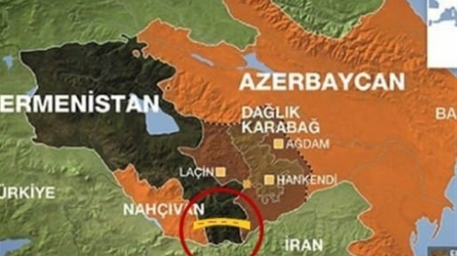 کریدور زنگزور آذربایجان و  جمهوری نخجوان در همسایگی ترکیە را به هم متصل می‌کند